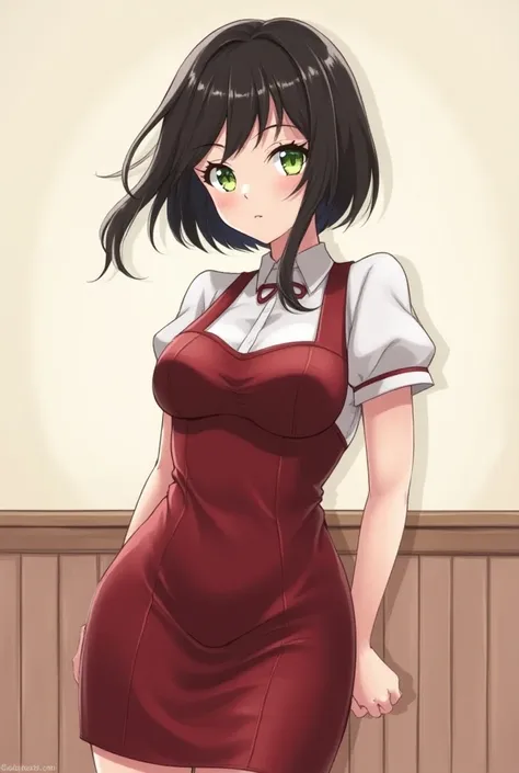 (fanart, anime) Adult girl with short hair and black color, green eyes,  big breasts, slender,dressed as a waitress 