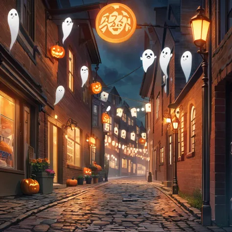 pumpkin street lamp, Cobblestones, brick house, night, Queue of ren, s dressed up as ghosts, anime style, American propaganda poster, high details, super detail, award winning, highres