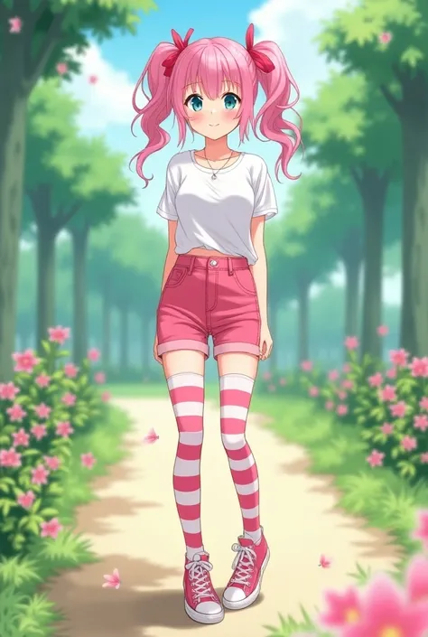 A full body shot of a cute lady with ((teal eyes)) and ((medium hot pink drill shoulder length pigtails)), ((a thin red bow as necklace)),((wearing a white shirt, large chest)), ((medium hot pink jeans short shorts)) and ((medium hot pink and white striped...