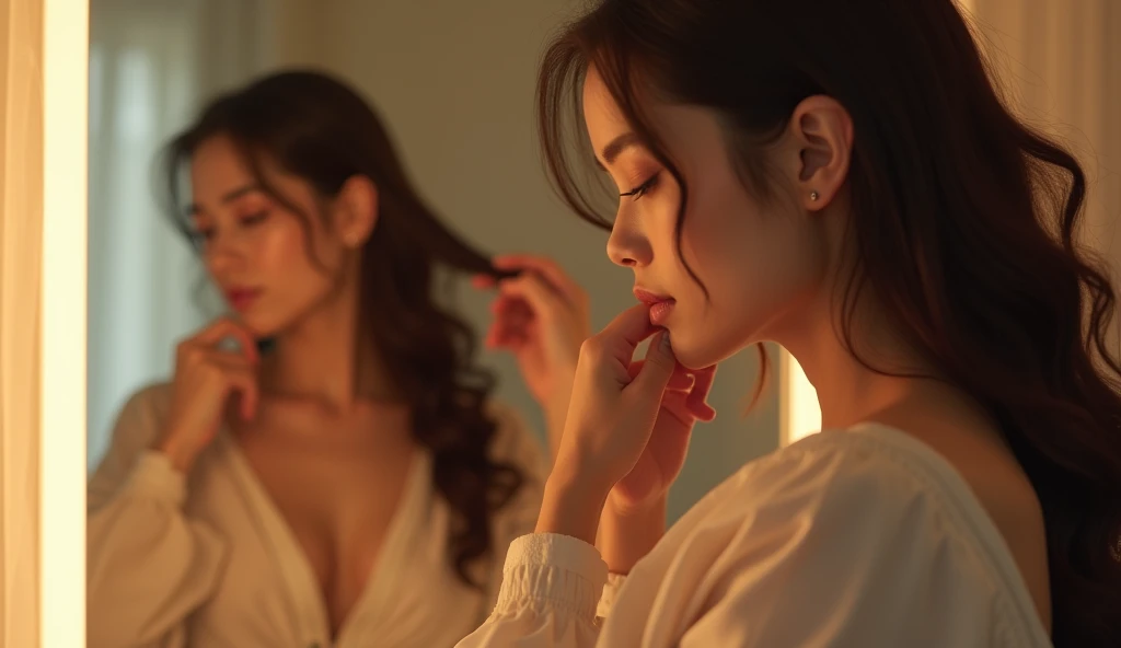 A beautiful woman straightening her hair in front of a mirror