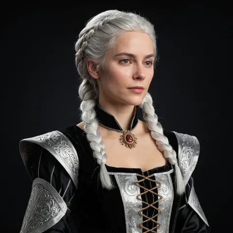 Realism: a white woman with white hair in a hairstyle with a one braid, dressed in medieval and fanciful robes in the colors silver and black,  clothes with little volume and with necklines suitable for the heat . She is in a confident posture ,  looking f...