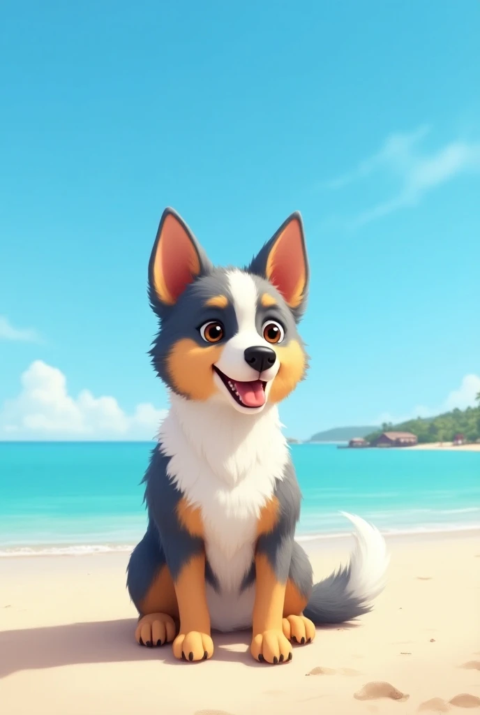 "Realistic Australian Cattle Dog,  on a beach with clear blue skies and clear sea ,  the dog has a gray and white coat and caramel-colored paws."