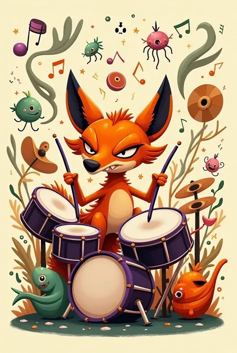 The image shows a dynamic collection of musical instruments, predominantly drums and cymbals, intertwined with fantastical, cartoon-like creatures. The color palette is bold, featuring oranges, purples, greens, and golds against a neutral background.
Centr...