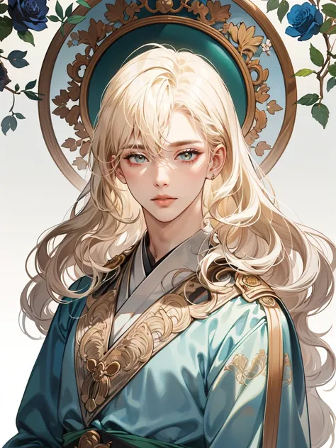 One man, adult male red hair, short hair, tall, golden eyes, perfect face, beautiful clothing, antique clothing. detailed face, and intricate detailing, shiraga, platinum blonde curls long hair, (closed mouths), Perfect eyes, Equal eyes, carolina eyes (A f...