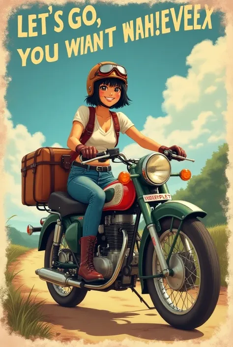 A beautiful and cute Japanese woman with a black bob and a smile, helmet、goggles、gloves、jeans、boots、Riding a Super Cub loaded with travel luggage.。(Above her head in capital letters is written: Let&#39;S GO WHEREVER YOU WANT TO GO)、Rural Scenery、High resol...