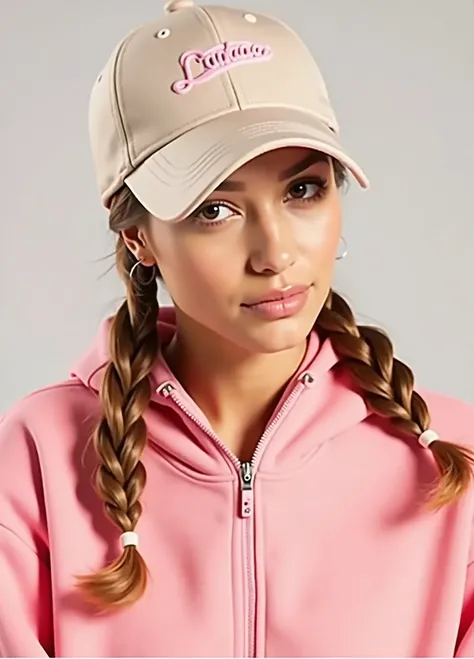 a close up of a woman with a ponytail wearing a pink sweatshirt and a baseball cap, wearing a baseball cap, wearing a backwards baseball cap, wearing baseball cap, wearing a baseball cap backwards, wearing a baseball hat, baseball cap, she is wearing stree...