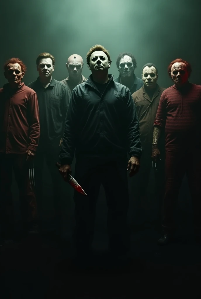 " A dark and sinister image that brings together several iconic murderers of horror movies. in the center, } Michael Myers with his white mask and bloody knife ,  surrounded by other legendary characters : Ghostface
(scream)  holding his sharp knife ,  Lea...