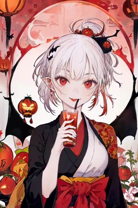 ((( best quality)), ((masterpiece)), (detailed), ( Japanese festival:1.3), one girl with fangs,Red eyes, white skin,Silver Hair, ponytail,Japanese red kimono,Black Hakama,Flower pattern,Skull ornament,Parted bangs,Slightly pointed ears , bat hair ornaments...