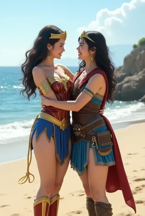 かわいい日本人のWonder womanとかわいい日本人のdragon_Quest Female Warrior 、 facing the camera 、live-action、 perfect costume for Wonder woman 、dragon_Quest Female Warrior の完璧なコスチューム、The two are hugging each other 、 LONG SHOT 、 is laughing、coastal
