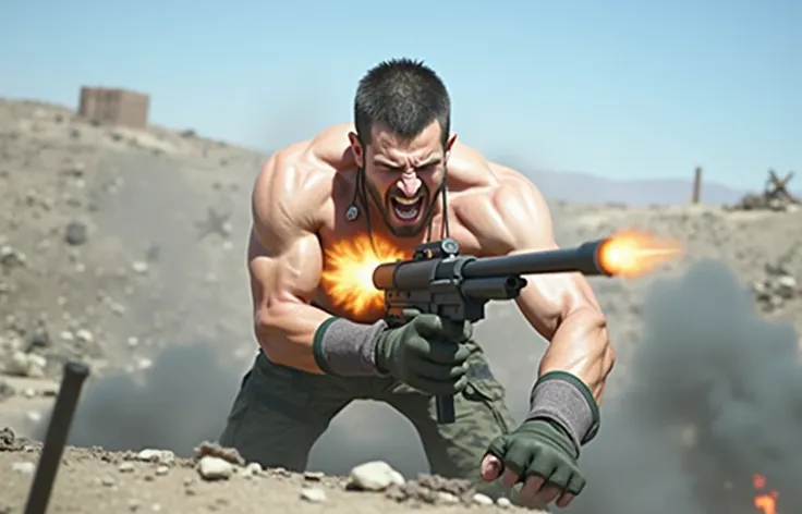 Brutal extremely muscular Turkish fighter fires in a battlefield with a machine gun, bare upper body, dog tag, Face distorted with screaming , Military Haircut, realistic detailed high-resolution display