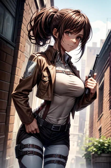 Score_9,score_8_up,score_7_up,source_anime,ratting_safe,perfect hands,good hands,five fingers on both hands,Sasha Braus/(attack on Titan/),Sasha Braus in her 20s,mature Sasha Braus,serious,confident smiling,blushing,slim beautiful figure body,ponytail hair...