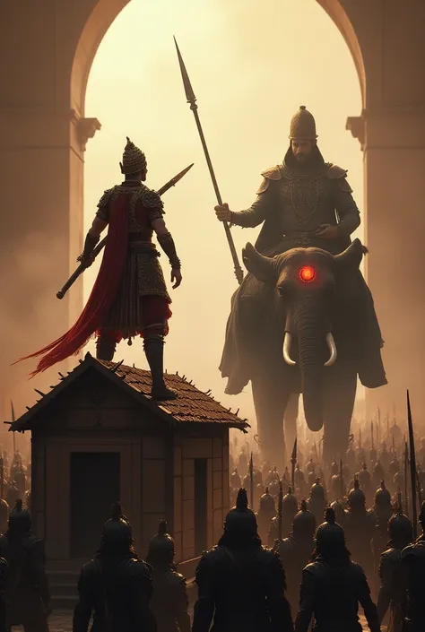 Create an image of fight between maharan pratap wearing iron chain costume and iron throne and having a javelin in hand sitting on a house and akabar wearing dark colour costume sitting on the elephant like a emperor and a huge army is fighting behind them...