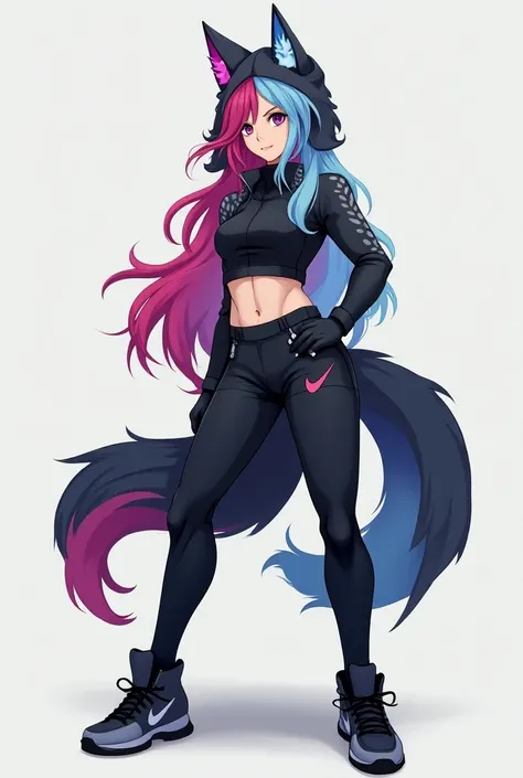  Create a hybrid human wolf  (bone ,  a human with a tail and ears ) with fuchxia and light blue hair , is high (2.16)  sportswear and heroic ,  with hair colors and mostly black.  Her eyes one fuchxia and light blue .  Strong woman Can you do it 😞? (anime...