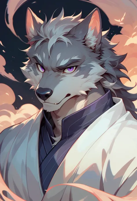 ,  alone, Male wolf, Japanese Clothing, White fur,   long gray hair  ,  Purple Eyes , author：null-ghost