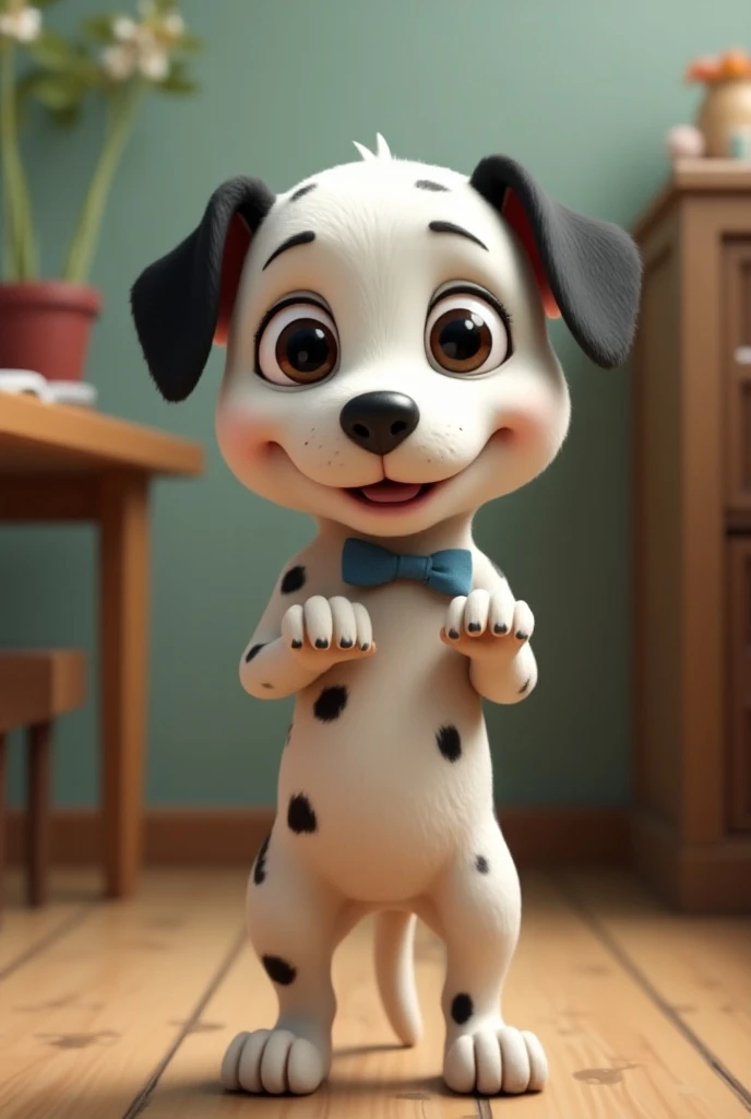  small Dalmatian puppy standing facing forward with their front legs raised、
Large eyes and a cute, human-like expression。The head is slightly larger than the body。The limbs are short。
Stand on two legs。
Glossy texture。Dress like a school teacher 。
The bac...