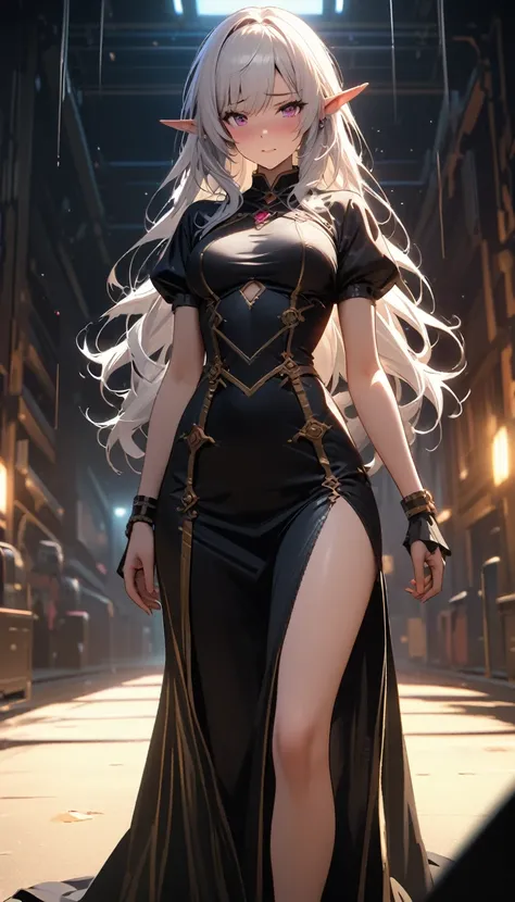 Elf　magician　woman　Dignity　 Black Dress　slit　Rods with jewels　 wizard　Long silvery white hair，Pure white background， depth of field，Waiting for a hug、 Embarrassed Expression 、Shy face、 overclocked renderer ，Cinema Lighting，Ultra-fine， very detailed，complic...