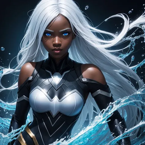 Portrait, 1girl, High Resolution, ebony girl, dark skin, hero girl, super hero, water super hero, blue eyes, white hair