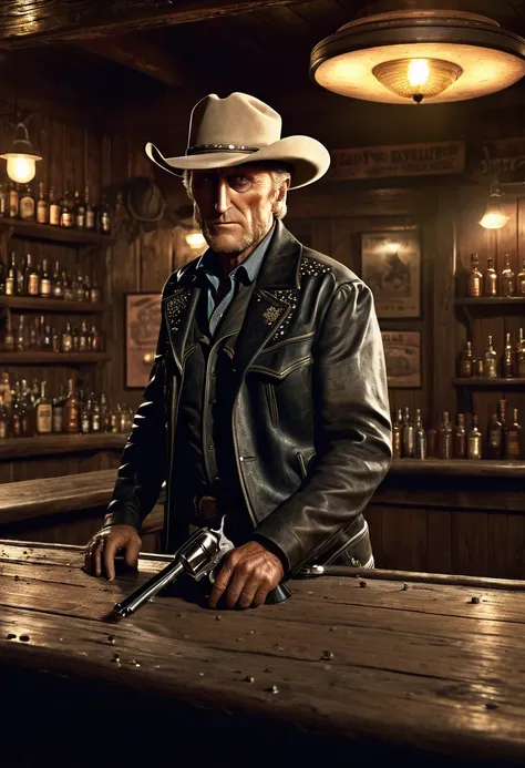 1 rugged cowboy in an old west saloon bar, kirk douglas hiding behind the bar counter holding a revolver, bullet holes in the whiskey bottles on the counter, dramatic western movie scene, cinematic lighting, highly detailed, photorealistic, 8k, dramatic at...