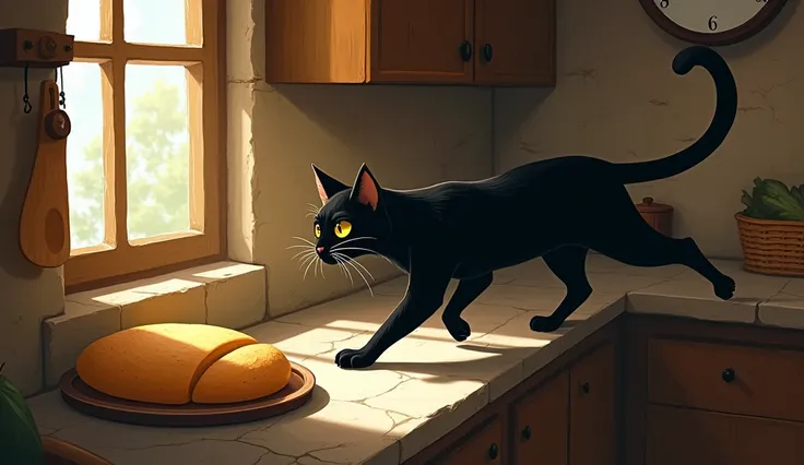 Black cat sneaking into a village house, sniffing/gazing at ghee bread on a kitchen counter