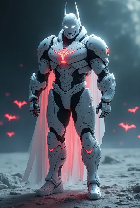 
White armored Batman with white glowing eyes, wearing white crystal suit, intricate suit detail, tactical hero suit, white glowing and red neon stripe, the glossy armor, the suit has futuristic tactical detail, red neon atlantis emblem, heavy armor detail...