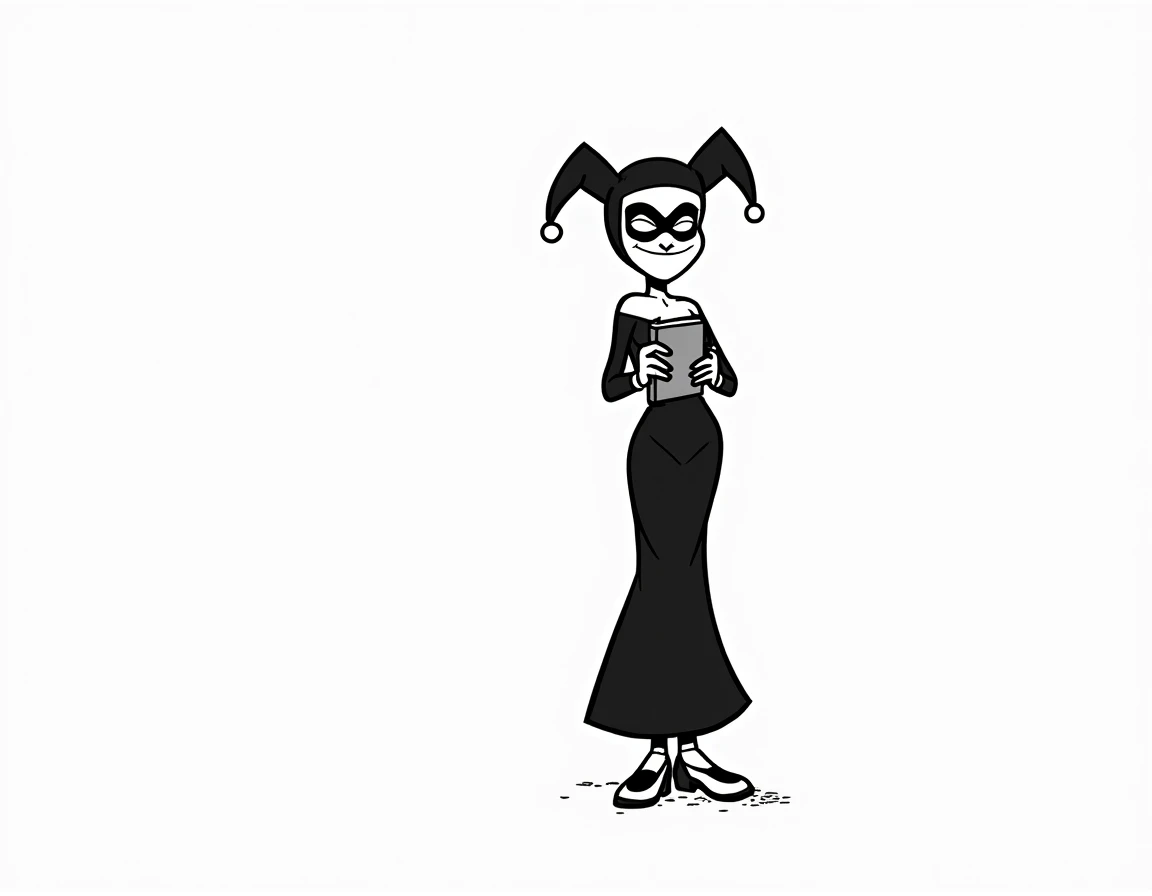 Harley Quinn, long skirt and womens shoes holding a Bible, outlined in bold black lines against a clean white background, drawn like a rens coloring page, with simple shapes and limited design elements for easy coloring, all illustrated in black and white....