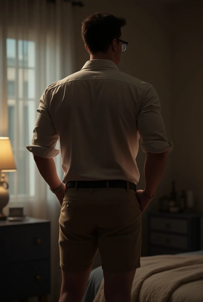 (Tom Holland with enormous bubble butt in tight khakis shorts with belt), dress shirt, glasses, from behind, gay, (bubble butt: 1.4), high detailed, extremely detailed, gorgeous, refined rendering, contour deepening, cinematic lighting, cinematic bloom, in...