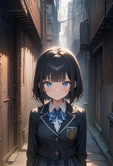 Masterpiece, ultra detailed, 8k, best quality, novel illustration, Back Alley, 1girl, student uniform,  plaid skirt, Black Hair, Short Hair, blunt bangs, cute eyes, ultra detailed face, blue-eyed, straight-on, upper body, skirt lift, show off  white pantie...