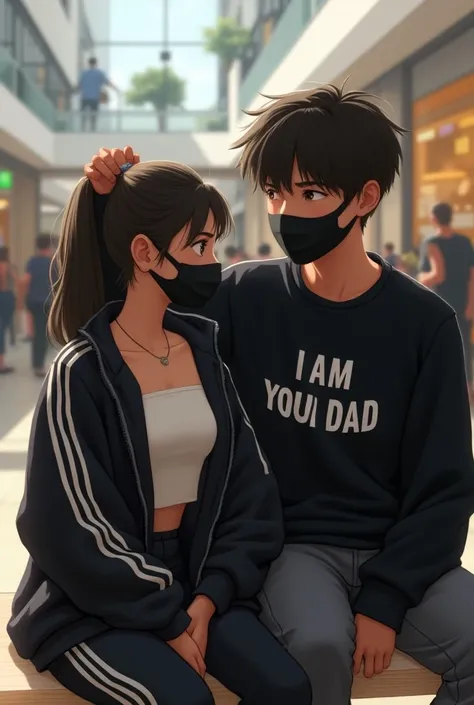 A girl wearing white tube top , and black track sweater and boy wearing black pullover written i am your dad . Both are wearing black mask , they are sitting on a bench  in a mall . The girl is looking at the boy and the boy is setting up his hair. Natural...