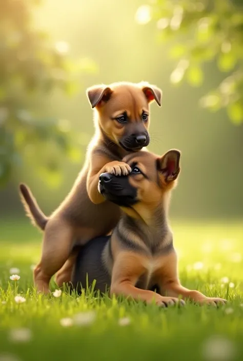 
A scene with a playful Pitbull cub dog standing gently on top of a German Shepherd cub dog that is lying on the ground. The Pitbull cub’s legs are resting softly on the German Shepherd’s body, showing a lighthearted, playful interaction between the two pu...