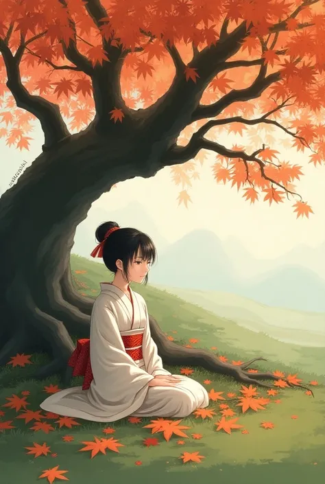 A Japanese girl is sitting under a fallen maple tree and she is wearing a yukita. Simple