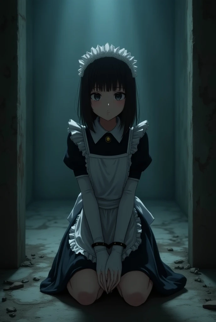 basement，anime maid， White Long Gloves ，put on handcuffs，kneeling