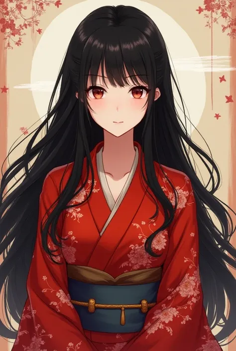 She has a black long hair that reach her thighs and usually seen wearing a red kimono. Anime style 