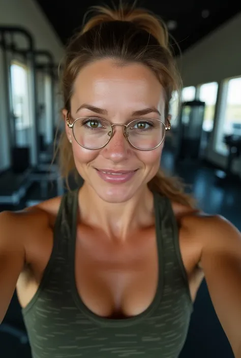 military woman, pony tail, thin golden glasses, brown hair, 30 years old, open mouth, big breast, nose blush, training in a gym, in gym clothes, realistic, hd, selfie