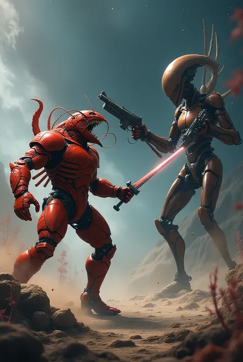 A lobster with a sword and a gun that fights against a space alien robot