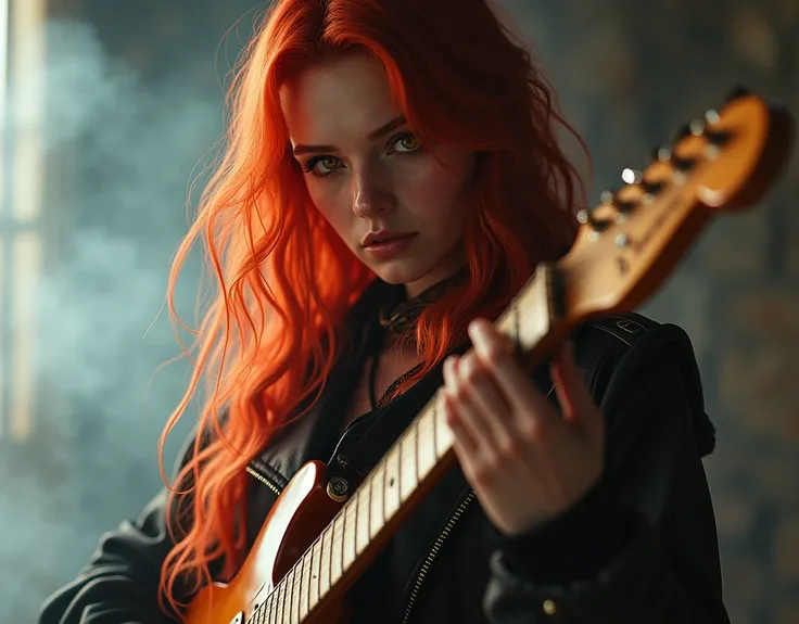 1girl, red rose hair, pale white skin, golden dragon eyes, playing electric guitar, hyperrealistic, octane render, cinematic lighting, volumetric fog, dramatic angle, photorealistic, 8k, highly detailed, masterpiece, (best quality,4k,8k,highres,masterpiece...