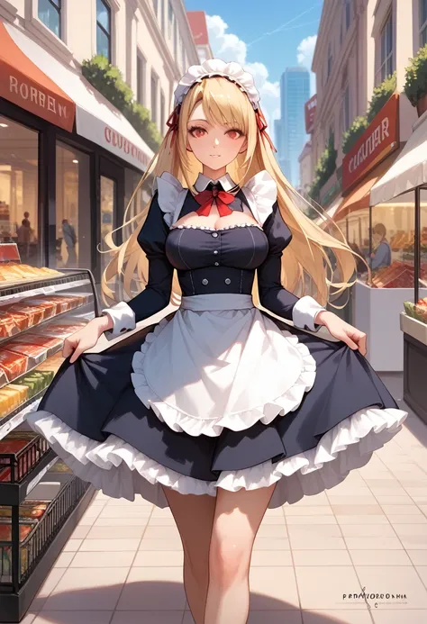 sfw, masterpiece, Best Quality, High resolution, detail hands, detail fingers, detail face, detail leg, (1girl, solo, detail girl, 20 years old girl), (android, android girl:1.2), (blonde hair, long hair, red eyes, large breasts:1.1), (maid, maid clothes, ...