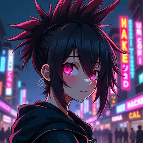 IMG_8237.CR2: Create a close-up illustration of an anime character with a striking mohawk hairstyle, exuding rebellious energy. The character wears accessories inspired by DDOS ATTACK symbols, blending elements of cyberpunk fashion. Her face shows signs of...