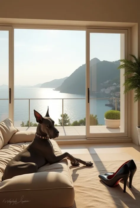    An ultra realistic picture of a small ,  luxurious penthouse furnished in Mediterranean country house style with sea views right on the bay, comfortably furnished, large sofa , A little Great Dane puppy is lying on it ,  standing in the corner black hig...