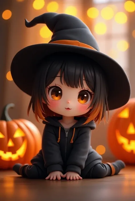 Chibi Characters,High image quality,Facing forward,Adult Woman,Two Block,Black hair and Orange hair mixed in,Orange colored eyes ,Black hoodie,cute,Fluffy atmosphere,I&#39;m sitting flat on the floor,Blushing, Look at, smile,  background with Halloween dec...