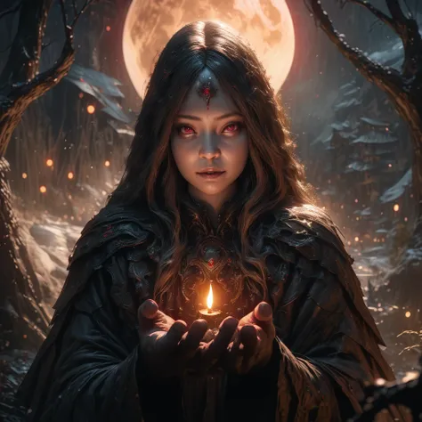 a witch in a dark forest, detailed face and eyes, long flowing robe, mystical glowing orb, flickering candlelight, full moon, gnarled trees, fog, dramatic lighting, dark moody color palette, gothic fantasy, cinematic composition, hyper detailed, 8k, (best ...