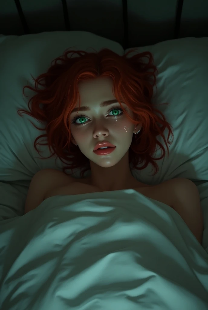 A 25-year-old girl with red hair and bright white green eyes crying on her bed is not realistic cartoon