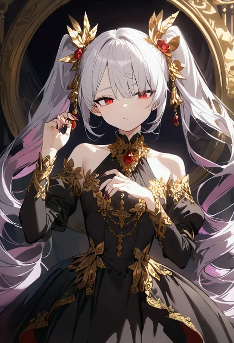 Light purple-white hair　blue-purple and black dress　Slanted Eyes　Long Curly Twin Tails　Small breasts　Picture from the front　Eyelids half open　Red eyes　Gold decoration on clothes　evil　Cold Face　Squint your eyes　Don&#39;t laugh　Less exposure　Royal Costume　Lo...