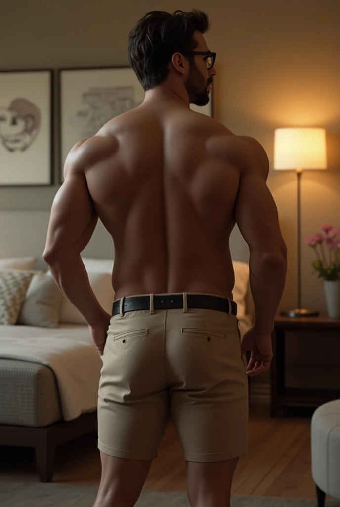 (Tom Holland with bubble butt in tight beige khakis shorts with belt), dress shirt, glasses, from behind, gay, (bubble butt: 1.4), high detailed, extremely detailed, gorgeous, refined rendering, contour deepening, cinematic lighting, cinematic bloom, incre...