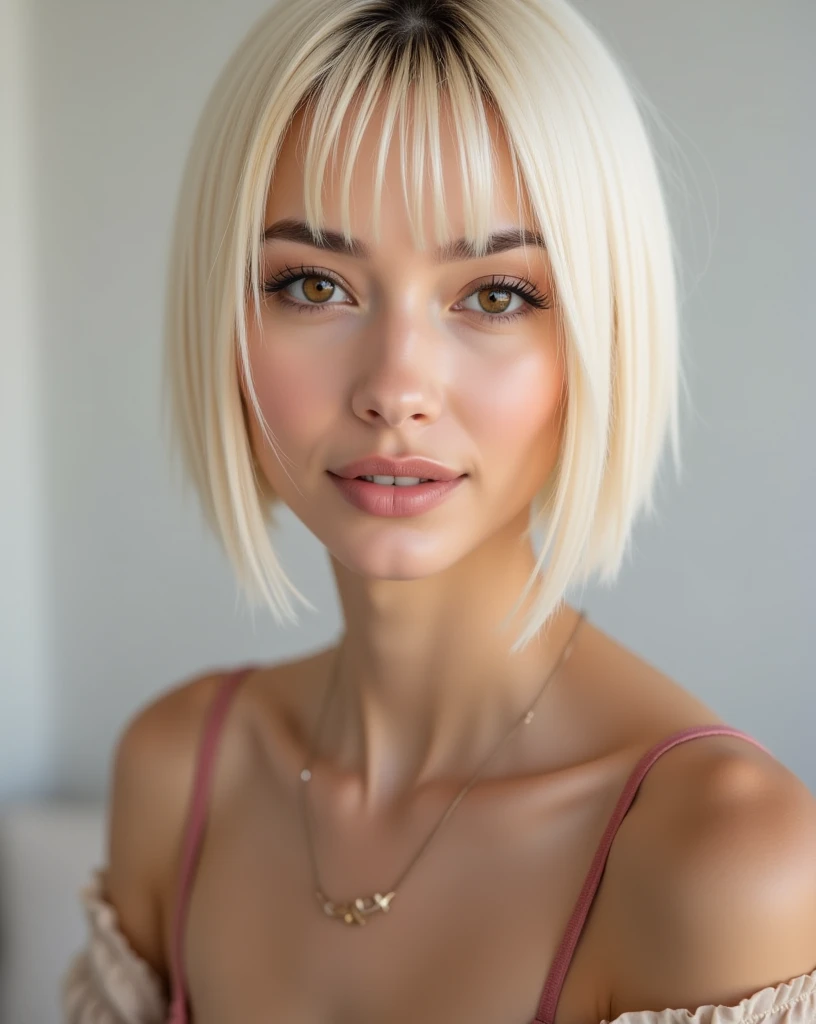 Nexia Portrait of a 22-year-old woman with short straight blonde hair featuring platinum highlights, longer in front and shorter in back, straight with a center part and a few wispy bangs. Hazel eyes, delicate nose, and perfectly shaped lips. Smooth chin w...