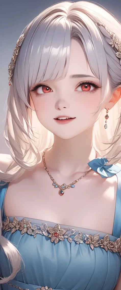 silver hair， red eyes ，中世紀long skirt，extremely beautifully，Young children， Tedious Hairstyle， Exquisite Dress ，Pearl Decoration ，long skirt，run