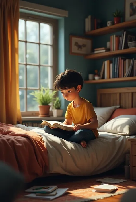 Smart boy study in his personal bedroom on bed