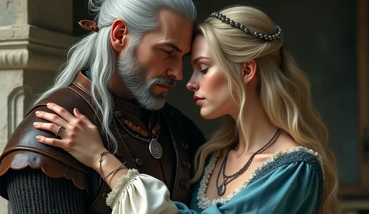  Create an intimate and romantic medieval fantasy scene with two characters .  The man is Geralt of Rívia ,  a veteran warrior long-haired white-haired ,  tied in a ponytail .  He She has a short gray beard and visible scars on her face ,  wearing leather ...