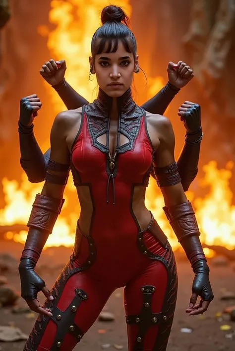   Best quality ，   ultra high definition  ，（Reality），RAW photo,   from Mortal Kombat, the quadrangular hybrid Sofia Butella as Shiva she is a mutant she has two extra arms on her sides from her torso she is quadrangular ( four arms out of the body  ) each ...