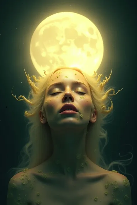 digital white yellow fantastic face art woman and the moon shines brightly full screen 

