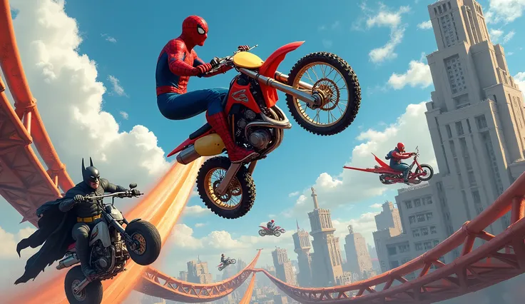 Colored Mega Ramp ,  With Spider-Man on the Bike in extreme maneuvers,  along with Batman and Hulk in cars and motorcycles .  With Clear and Well Colored Image Background 